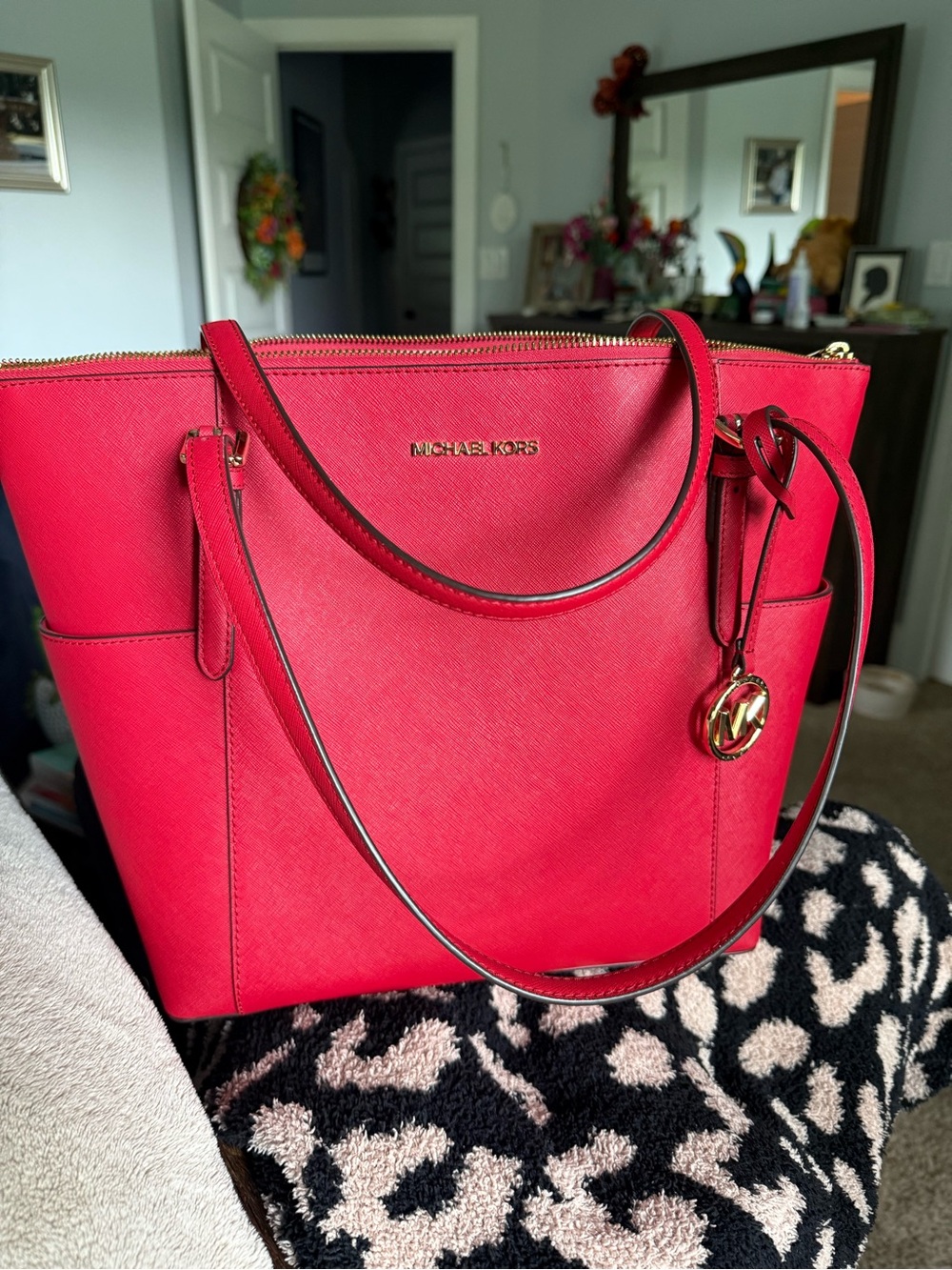 Michael Kors Bright Red Saffiano Tote with Gold Hardware